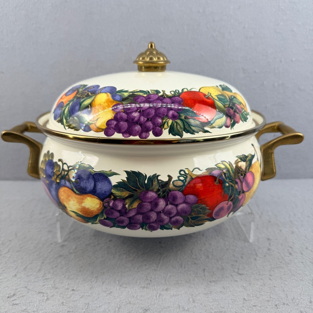 Vtg Enamel Dutch Oven Casserole Orchard Fruit Pattern Brass Handles Pristine 10"
